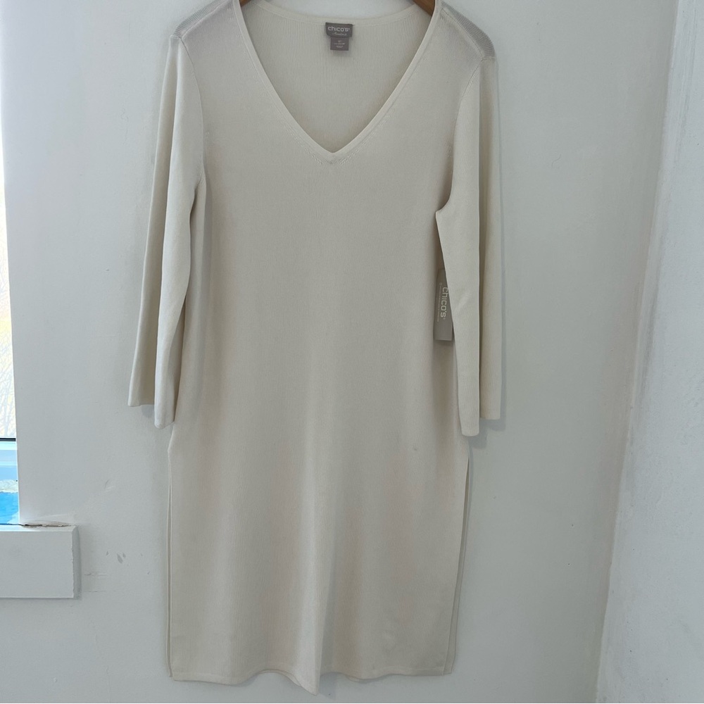 Chico's Cream Classic Style Cozy Chic V-Neck Long Sleeve Midi Dress - NWT